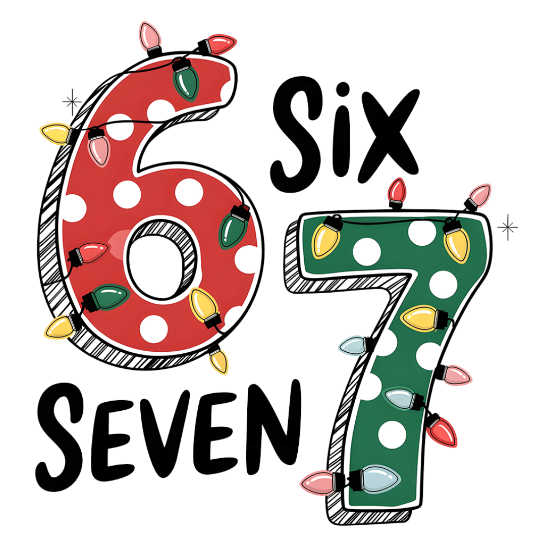 Weihnachtliches Bügelbild SIX SEVEN mit den Zahlen 6 und 7 im Punkte-Muster und bunten Lichterketten, Maße 14 cm x 14,3 cm.