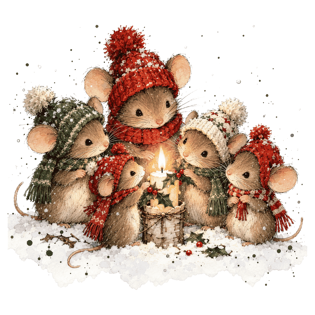 Niedliches winterliches Bügelbild mit einer Mäusefamilie in gestrickten Mützen und Schals, die sich warm um eine brennende Kerze im Schnee versammelt.