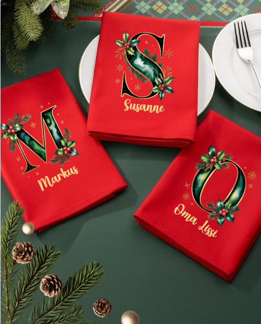 Personalisierter DTF Bügelbild Buchstabe für Weihnachtsservietten in 12cm – Lieferdatum ab 2026