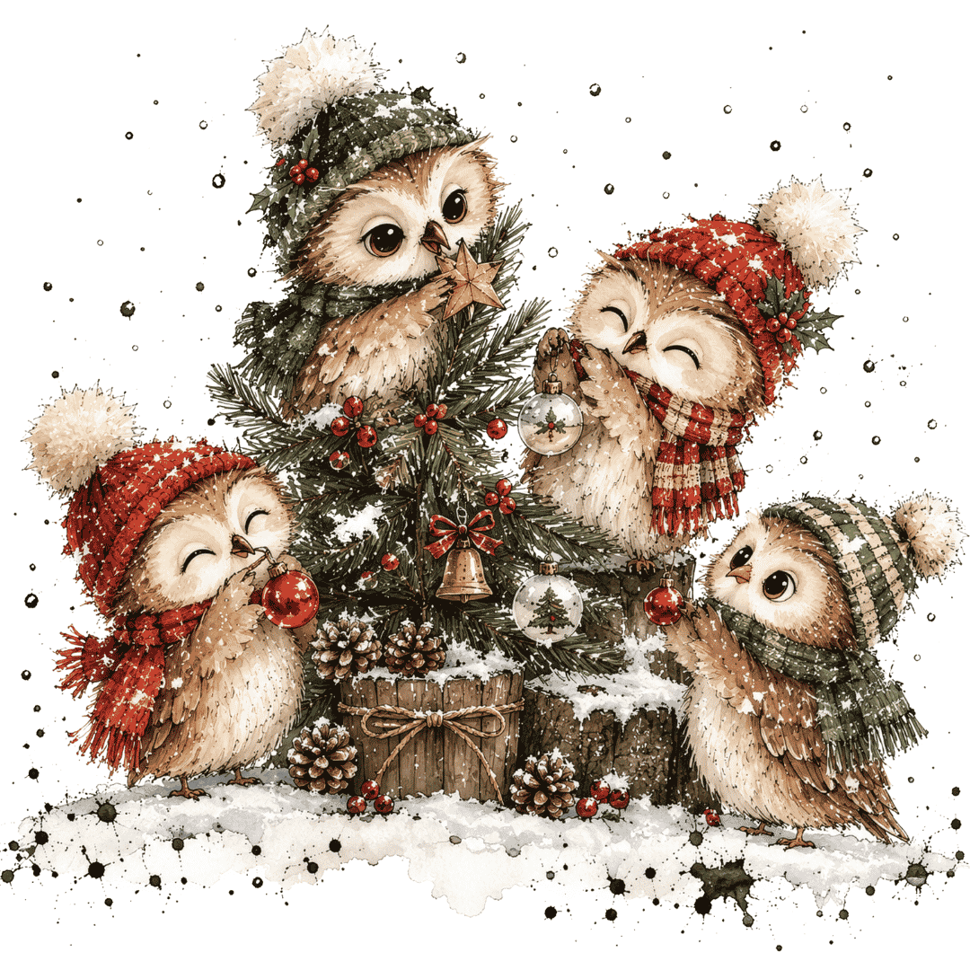 Zauberhaftes Bügelbild mit einer Wintereulenfamilie in gestrickten Mützen und Schals, die gemeinsam einen kleinen Tannenbaum schmücken.