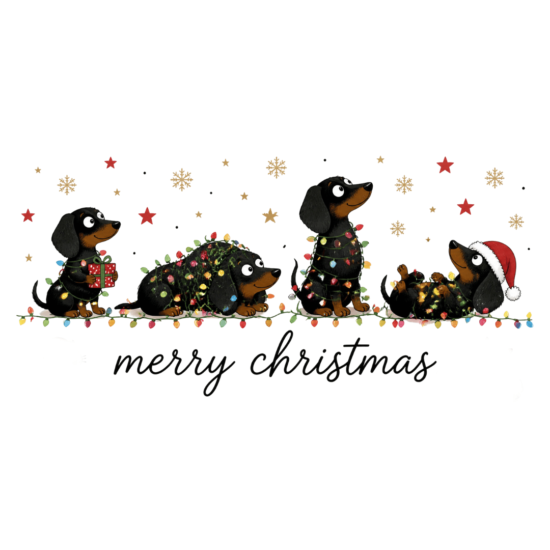 Niedliches breites Bügelbild mit vier drolligen Dackeln mit Lichterketten, Geschenken und Weihnachtsmütze sowie dem Schriftzug „merry christmas“.