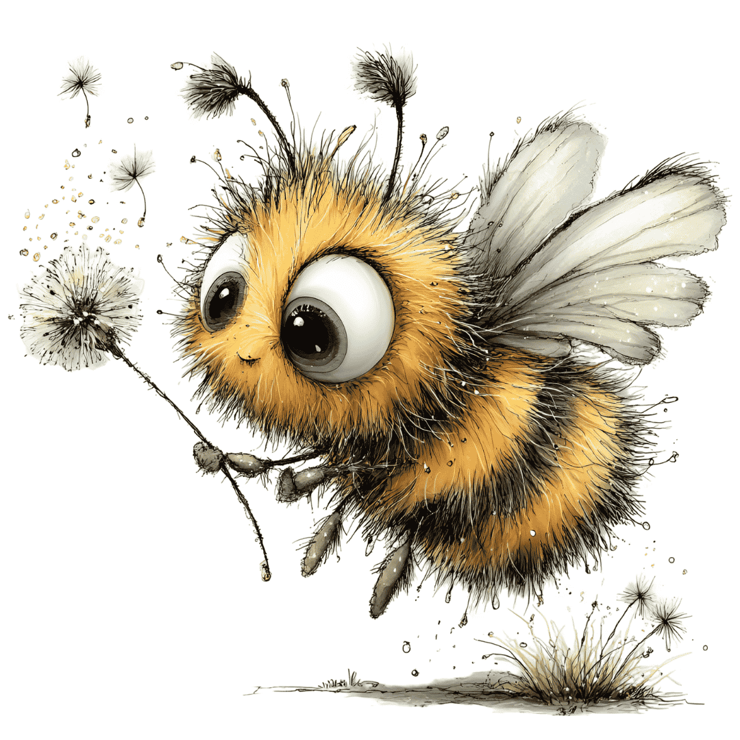 Niedliches Bügelbild mit einer flauschigen Hummel mit riesigen Kulleraugen, die eine Pusteblume hält, deren Schirmchen verwehen.
