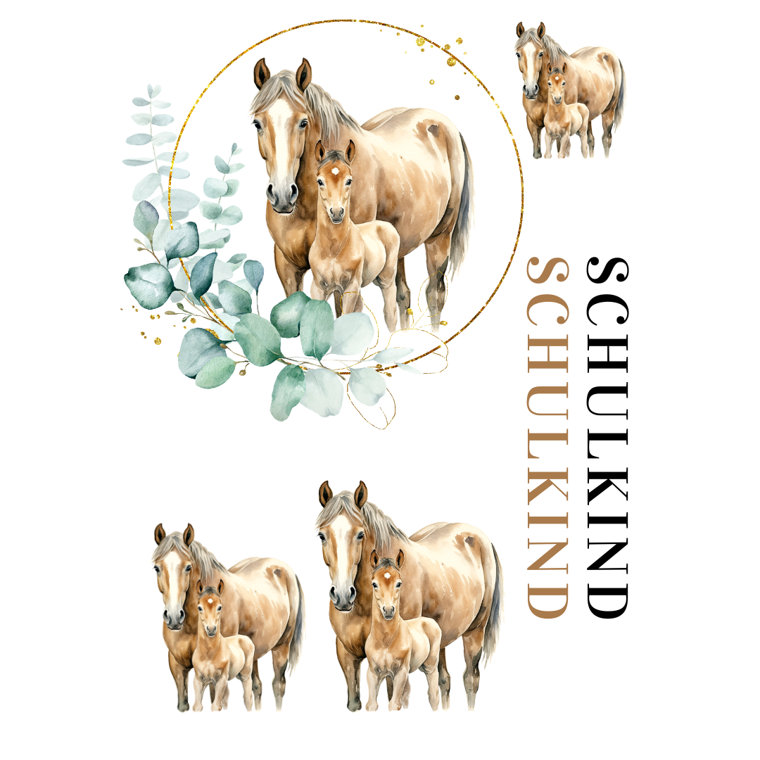 Bügelbild-Set Schulanfang Pferde – Plott-Motive mit Pferden in verschiedenen Größen und Schriftzug. DIY-Bügelbilder für die Einschulung und Schultüten.