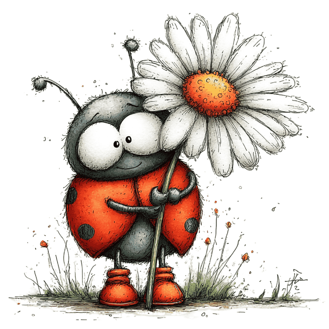 Niedliches gezeichnetes Bügelbild mit einem kleinen Marienkäfer mit roten Schuhen, der eine große Gänseblümchen-Blume hält.