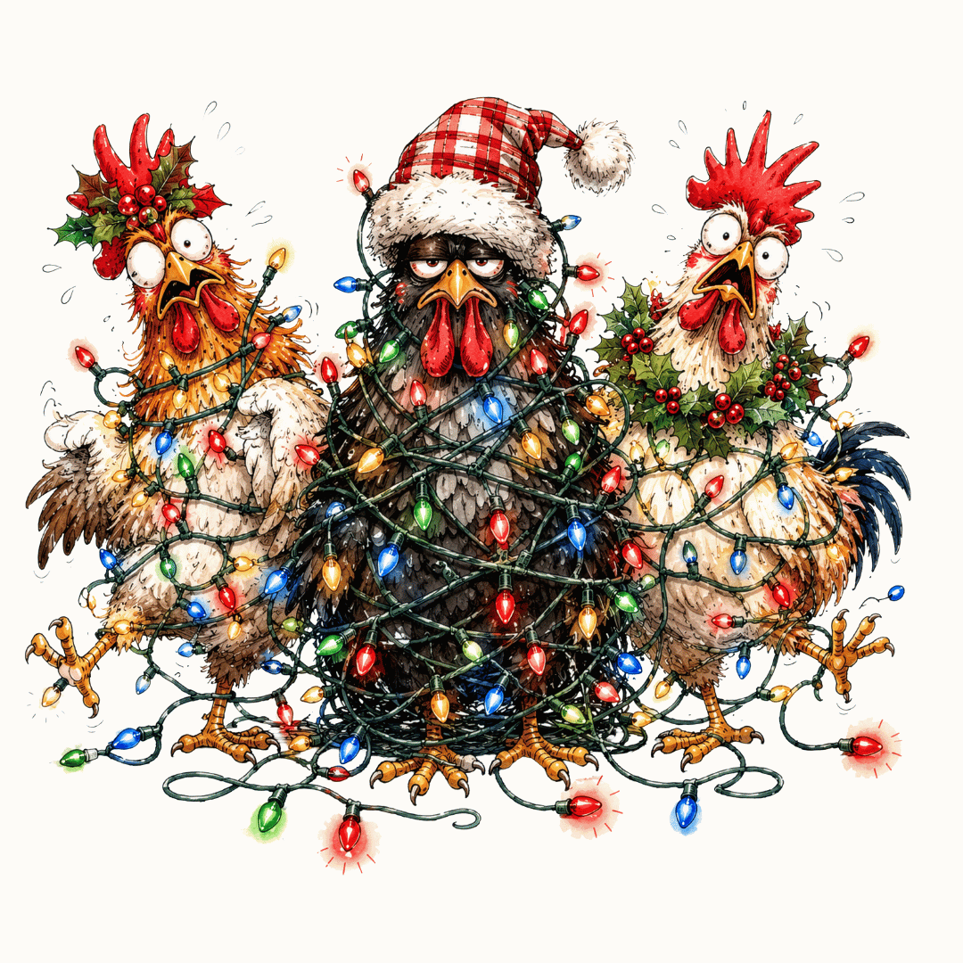 Lustiges Bügelbild Chaos Chicken mit drei Hühnern verheddert in bunten Lichterketten, Maße 20,2 cm x 17,7 cm, ideal zum Veredeln von Weihnachts-Textilien