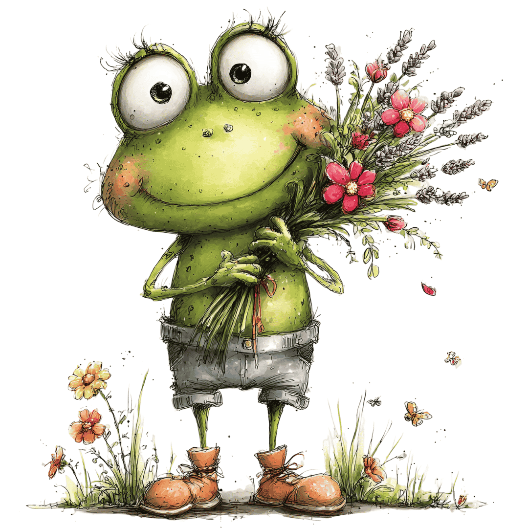 Niedliches Bügelbild mit einem fröhlich lächelnden grünen Frosch mit Kulleraugen, der einen Blumenstrauß aus Lavendel und roten Blüten hält.