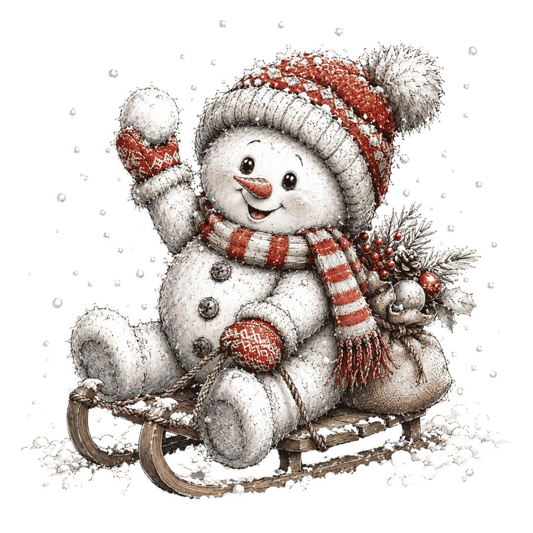 Niedliches winterliches Bügelbild mit einem fröhlichen Schneemann in roter Mütze und Schal auf einem Holzschlitten mit Schneeball und Geschenkesack.